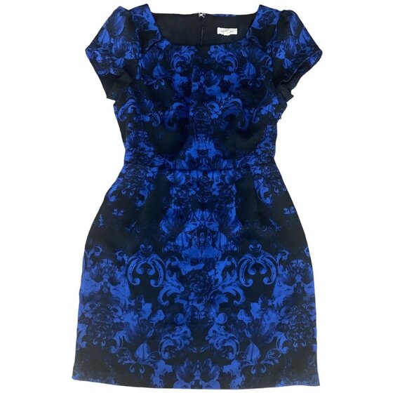 Silence + Noise Blue & Black Damask Pattern Cap Sleeve Dress Side Zipper Size 2 - Picture 9 of 11